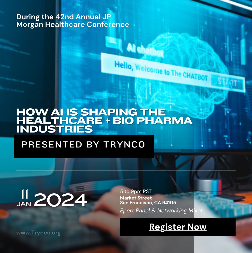 @join_trynco during the 42nd Annual JP Morgan Healthcare Conference 🚀

Thursday January 11th, 2024
5-9pm PST

👇 Space is Limited - Register 👇
eventbrite.com/e/ai-summit-se…

#jpmorgan #healthcare #biotech #pharma #startups #tech #investors #sanfrancisco #jpmorgan2024 #kol <a href="/jpmorgan/">J.P. Morgan</a>