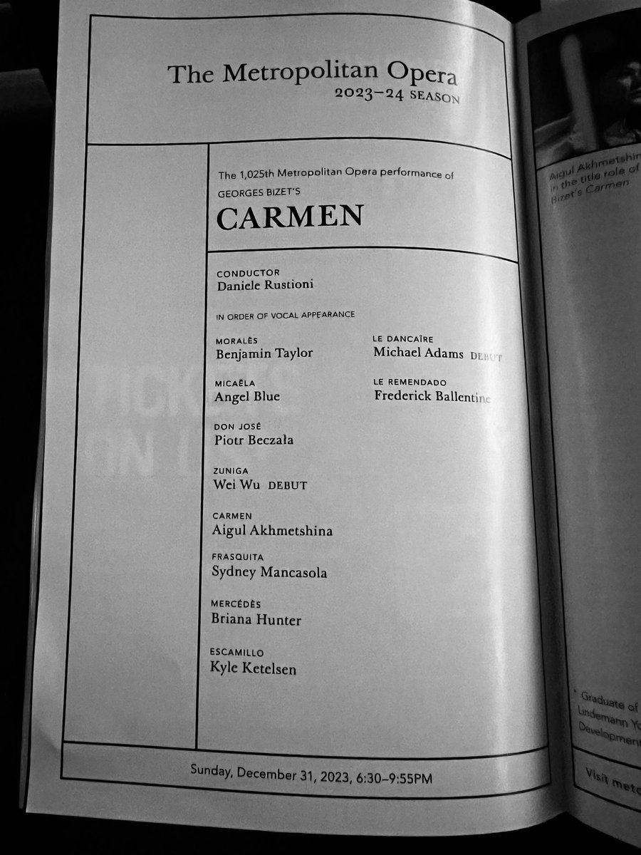 A bit disappointed about the cast change but there’s still no place I’d rather be. Tois and Happy New Years to all @AK_Mezzo @kyleket #AngelBlue #RafaelDavila #DanieleRustioni #Carmen @MetOperaChorus @METOrchestra @MetOpera