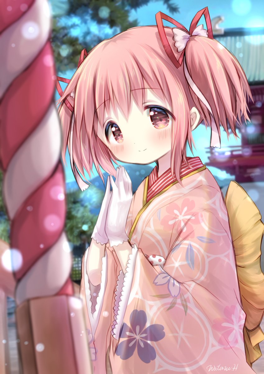 kaname madoka 1girl pink hair japanese clothes solo kimono twintails pink eyes  illustration images