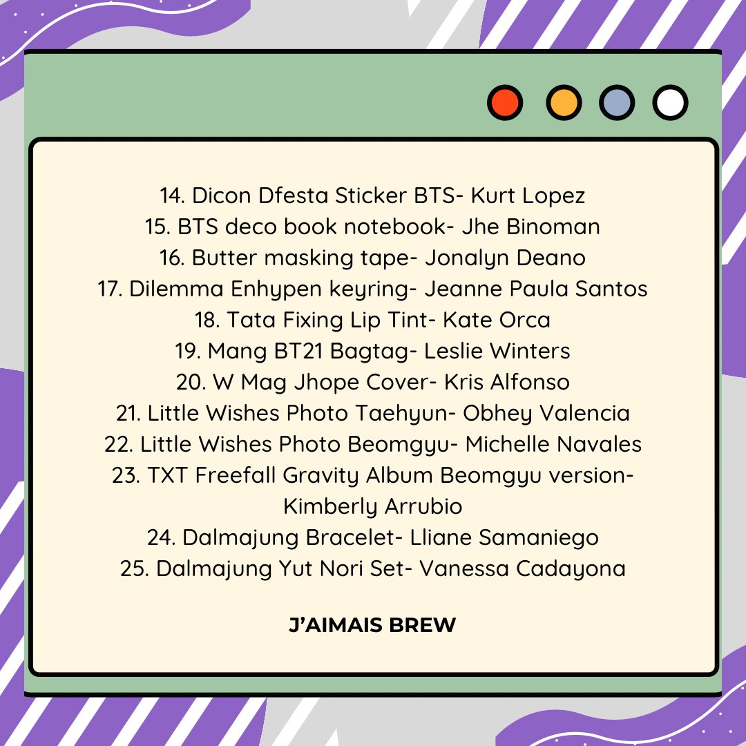 Let's start 2024 right! Here's the list of our holiday drink raffle winners!

Congratulations and thankyou so much for your overwhelming support.  Happy new year from your J'aimais Brew family!😘✨🥂

#HolidayDrinksRaffleWinners
#JaimaisBrew
#BTSThemedCafè