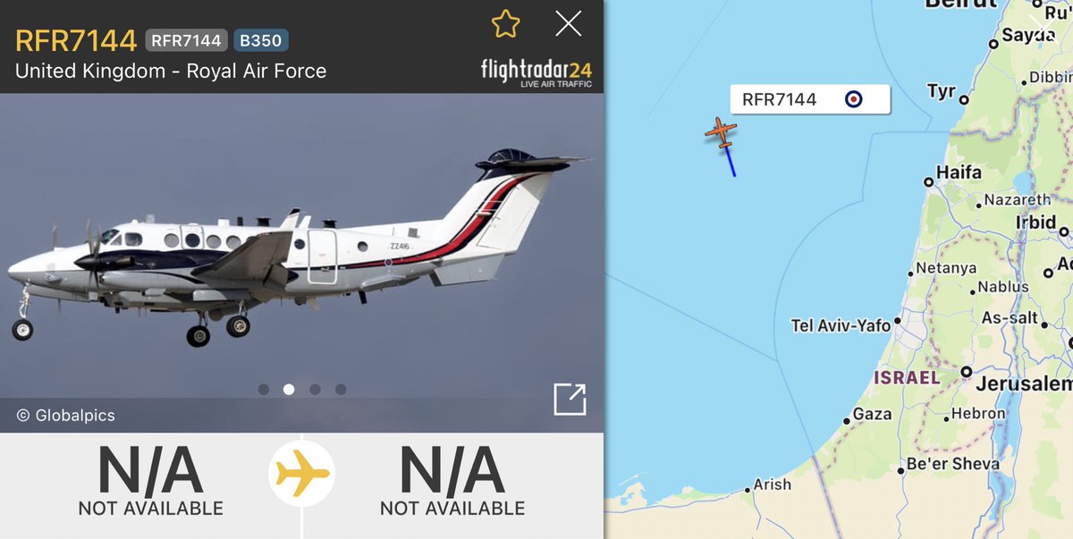 🇬🇧 British Spy Plane coming back from Gaza (01:30 am) i wonder if it detected the site from where the missile salvo was launched.

✈️ Beech Shadow R1 Reg: ZZ416 'RFR7144'