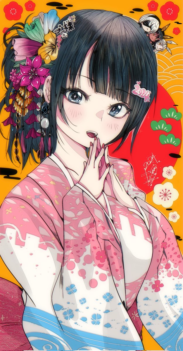 1girl solo hair ornament black hair kimono japanese clothes blush  illustration images