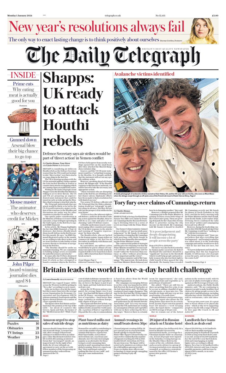 TELEGRAPH: Shapps: UK ready to attack Houthi rebels #TomorrowsPapersToday