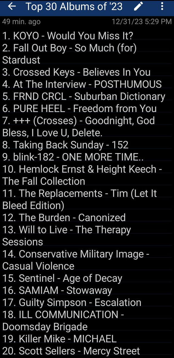 SharpCheddar856's tweet photo. So, I put it together kinda last-minute on @ramomcferno's urging last night... but here's my personal Top 30 Albums of 2023! @AtTheInterview 💿📀🪩 #TOP30OF2023 #BESTALBUMS https://t.co/FFT5hWJ10V