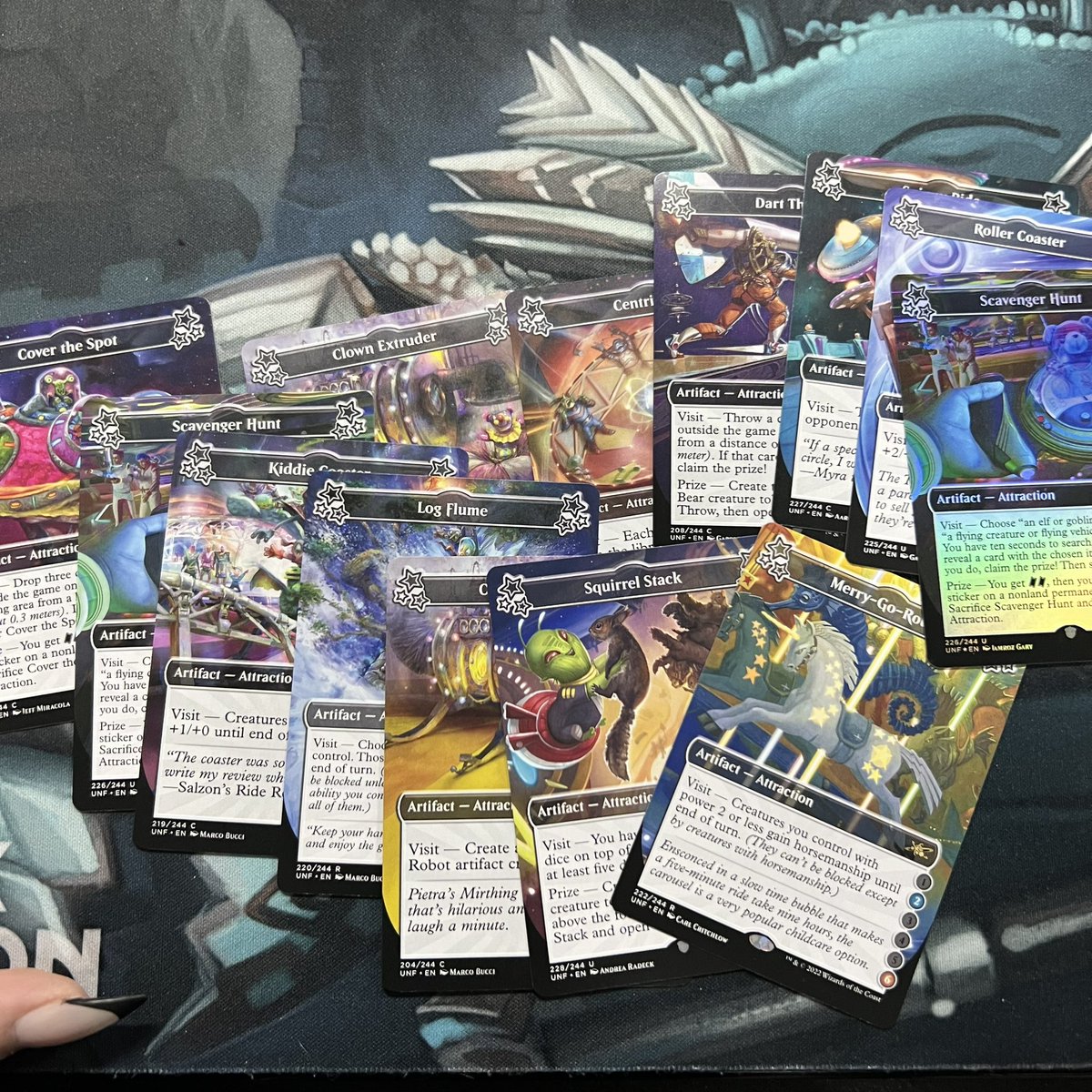 GrimTutorsMTG's tweet photo. #MTGUnfinity draft at our LGS for #NYE2023 / our buddy Kyler’s birthday!
@itsannamargaret needs to be on standby, @OblivionSorrow decided “fuck it, we ball” on attractions she’s never played was a good idea. 🙃 https://t.co/rpPX9lU5YN
