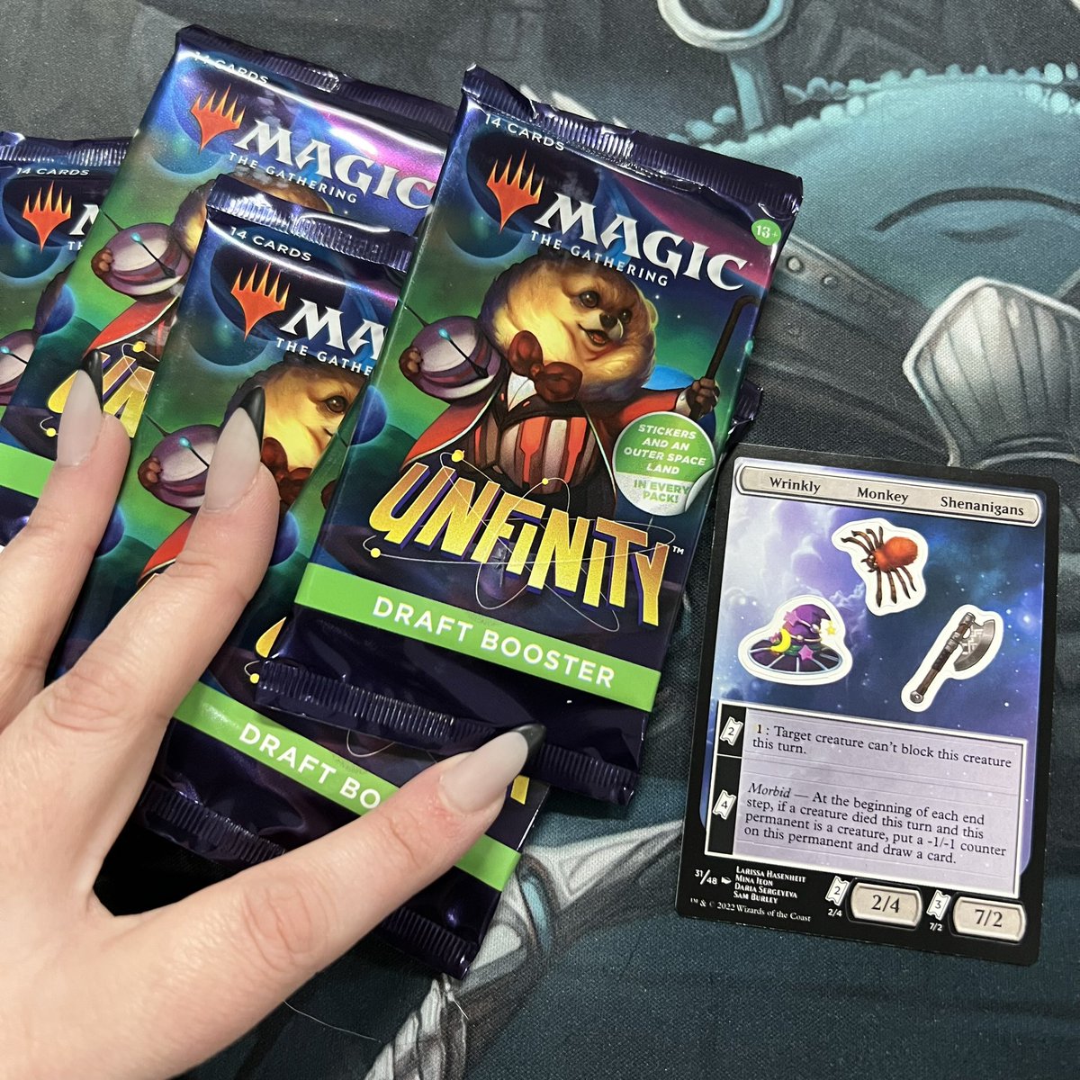 GrimTutorsMTG's tweet photo. #MTGUnfinity draft at our LGS for #NYE2023 / our buddy Kyler’s birthday!
@itsannamargaret needs to be on standby, @OblivionSorrow decided “fuck it, we ball” on attractions she’s never played was a good idea. 🙃 https://t.co/rpPX9lU5YN
