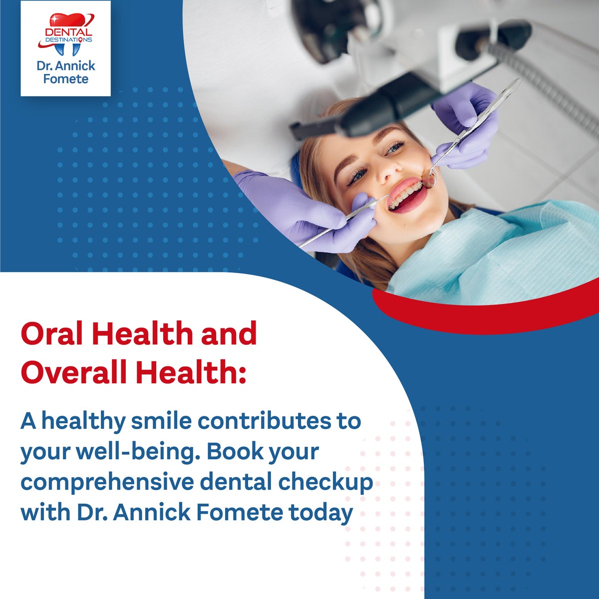 Your Well-Being Starts with a Smile: Oral Health and Overall Health. Dr. Annick Fomete emphasizes the contribution of a healthy smile to your well-being. Book your comprehensive dental checkup today and invest in a healthier you! 😊🌈 #OralHealth #OverallWellBeing