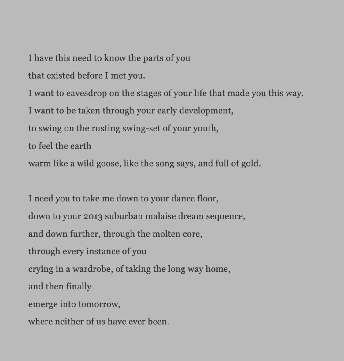 starlingmag's tweet image. “I need you to take me down to your dance floor,
down to your 2013 suburban malaise dream sequence,
and down further, through the molten core,
through every instance of you”

- Loretta Riach (@ghostb1rd), ‘A Song For You’
starlingmag.com/issue-16/loret…