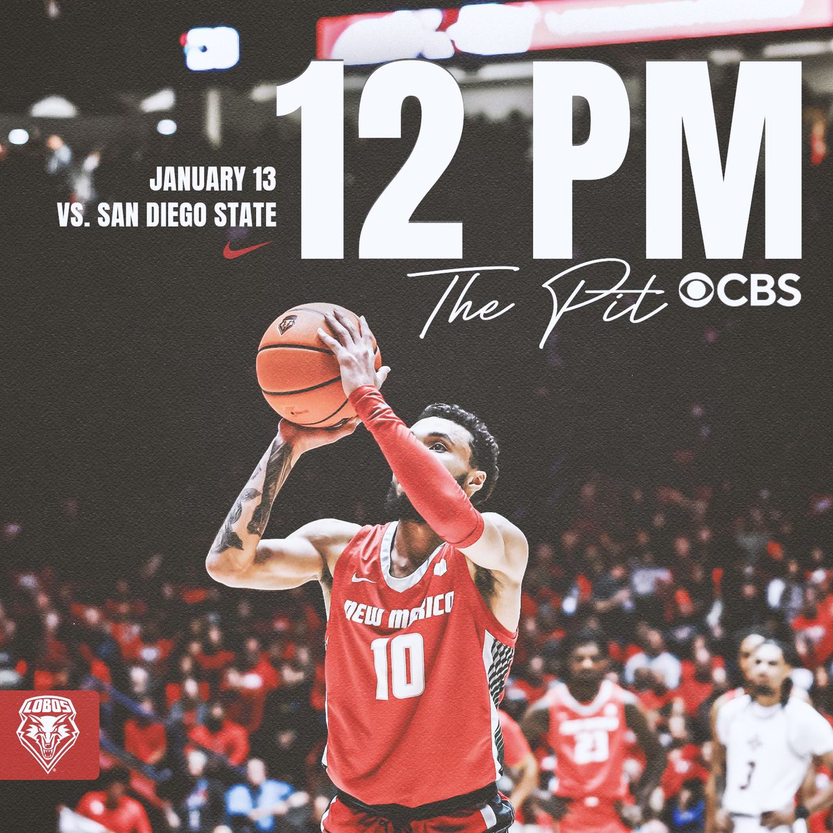 UNMLoboMBB's tweet photo. 🚨 GAME TIME ANNOUNCEMENT!! 🚨
The Jan. 13 game against San Diego State will tip-off at noon MT and air on @CBS.
Around 2,000 tickets remain, so buy yours now so you don’t miss being at The Pit! #GoLobos
🎟️ https://t.co/SPz7VBKylG https://t.co/GaonEaKvqX