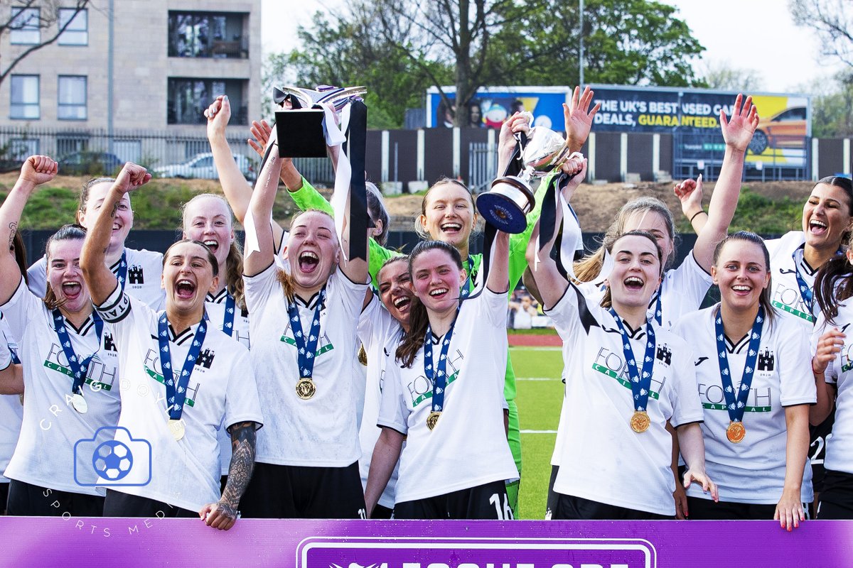 Edinburgh City celebrate the double success of winning both the SWF League One and Championship/League One Cup at the end of the 22/23 season. The club folded just before Christmas.