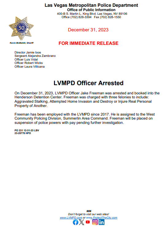 LVMPD's tweet photo. Click below for additional information on the arrest of an LVMPD officer.

Jake Freeman was booked into the Henderson Detention Center for multiple felony charges. https://t.co/cy1ldEhQVP