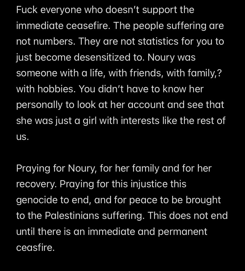 The wordcount on this platform cannot contain the amount of anger and grief I am feeling right now. Noury does not and will NEVER deserve the suffering she has had to deal with. I did not need to know her personally to know she was a kind and bright soul. Pray for her recovery🙏