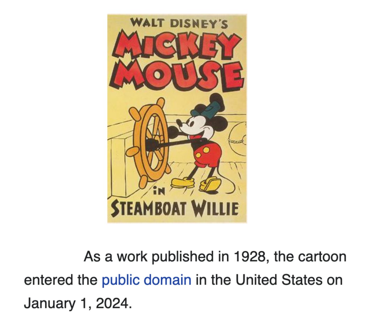 depths of wikipedia on X: Happy Public Domain Day eve. Just checked the  Wikipedia Discord and people were writing a fanfic about Mickey Mouse  falling in love with Wikipe-tan (the extremely unofficial