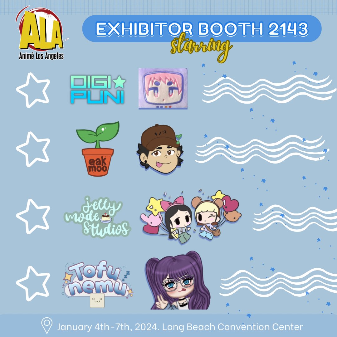 tofunemu's tweet photo. 🎆 Ringing in the new year with a BANG ‼️ 🎇
Please come view all the art we’ve created 🤓🎨

✨Anime Los Angeles
📍Exhibitor Booth 2143 
🌊Long Beach Convention Center
 📆 January 4-7th, 2024

🌟STARRING 🌟 (IG below)
@/digipuni @/eakmoo_ @/jellymodestudios @/tofunemu https://t.co/T1kEstO2PV