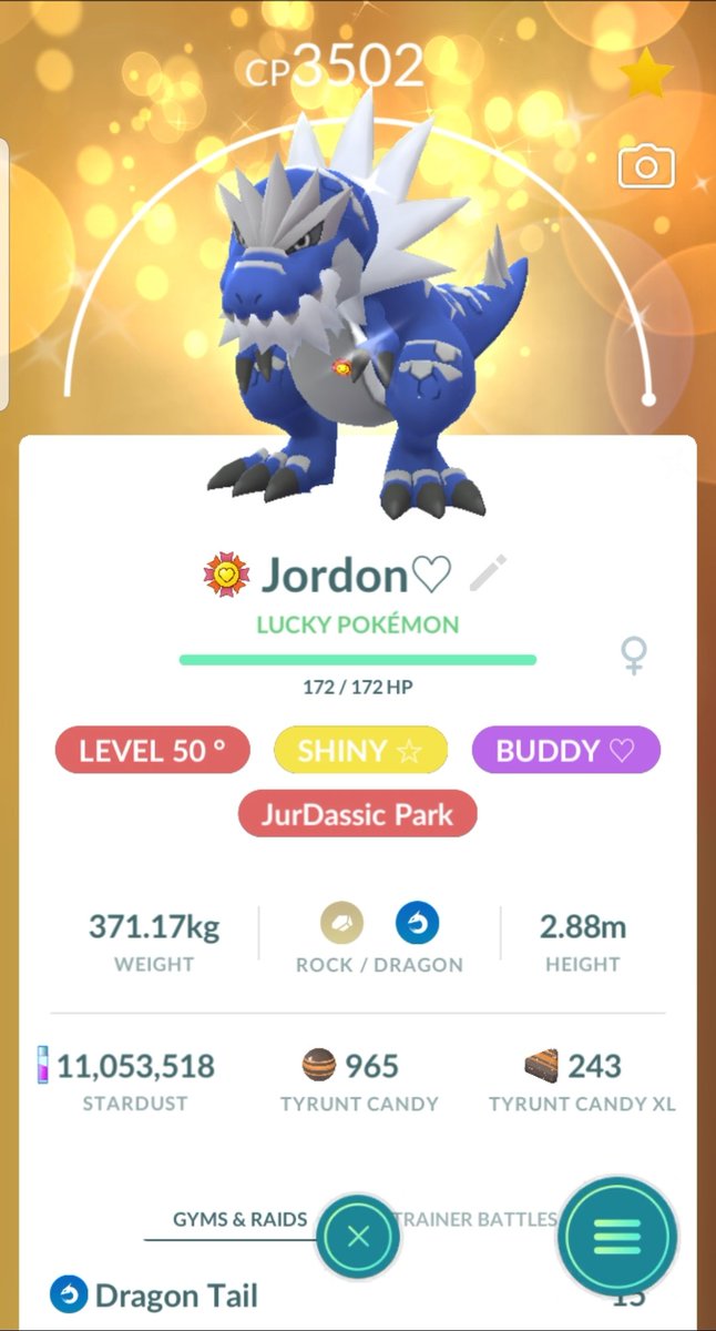 Sinfool69's tweet photo. Honorable mention for my Shiny Tyrantrum given to me by one of my best friends of 10+ years. We finally met in person to go to NYC GO Fest together and it was the only shiny Tyrunt found in our group! So clutch 😭 https://t.co/bweFEmazbm
