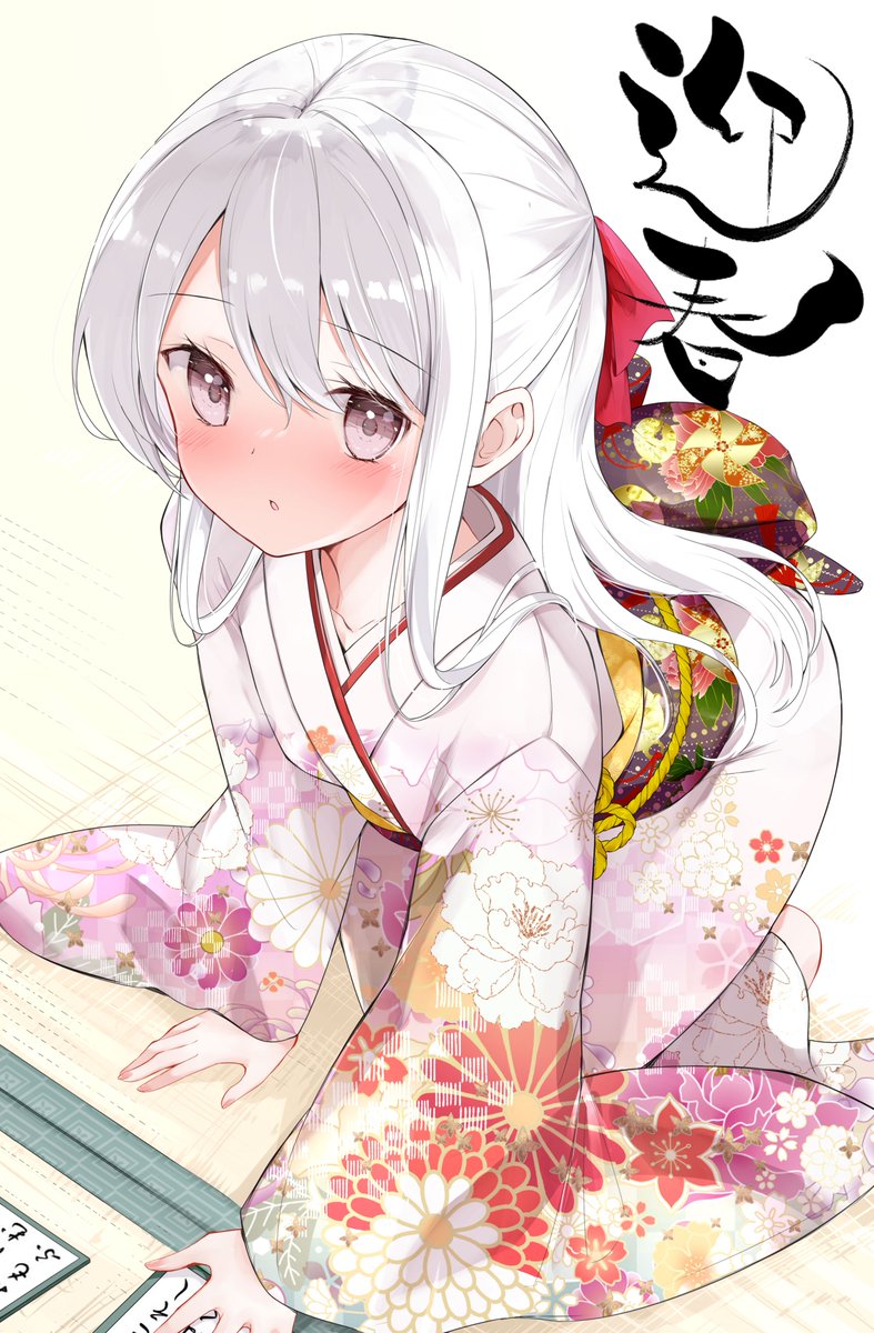 1girl japanese clothes solo kimono white hair long hair floral print  illustration images