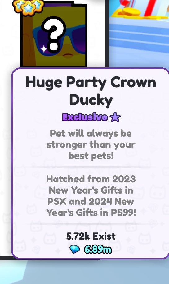 PetSimNewsNow's tweet photo. If You Didn’t Know The 2024 New Years Gift Has A Chance To Give A Huge Party Crown Ducky!

The Huge Party Crown Ducky Has Come Back From Last Years New Years Gift! https://t.co/aGraXSwE10