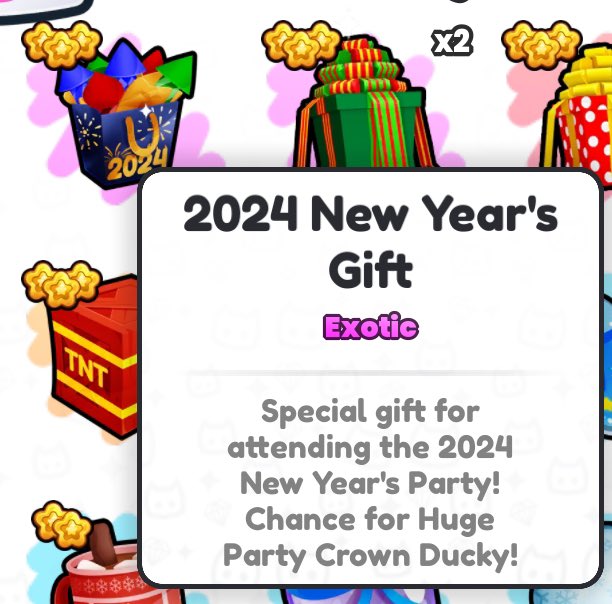 PetSimNewsNow's tweet photo. If You Didn’t Know The 2024 New Years Gift Has A Chance To Give A Huge Party Crown Ducky!

The Huge Party Crown Ducky Has Come Back From Last Years New Years Gift! https://t.co/aGraXSwE10