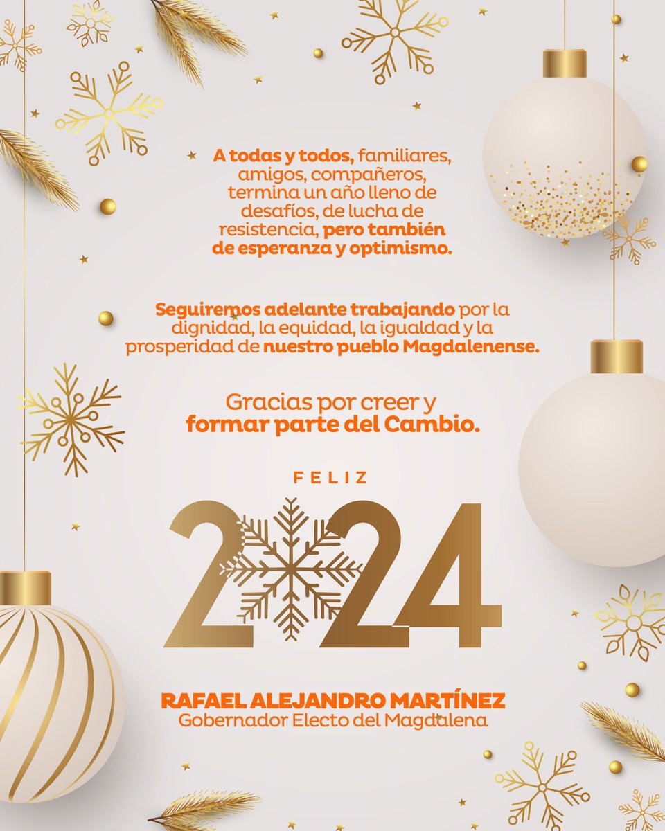 Queridos amigos y familiares, concluimos un año de retos y esperanza. Continuaremos luchando por la dignidad y prosperidad del Magdalena. Gracias por creer en el Cambio. ¡Feliz 2024!

Rafael Alejandro Martínez
Gobernador Electo del Magdalena