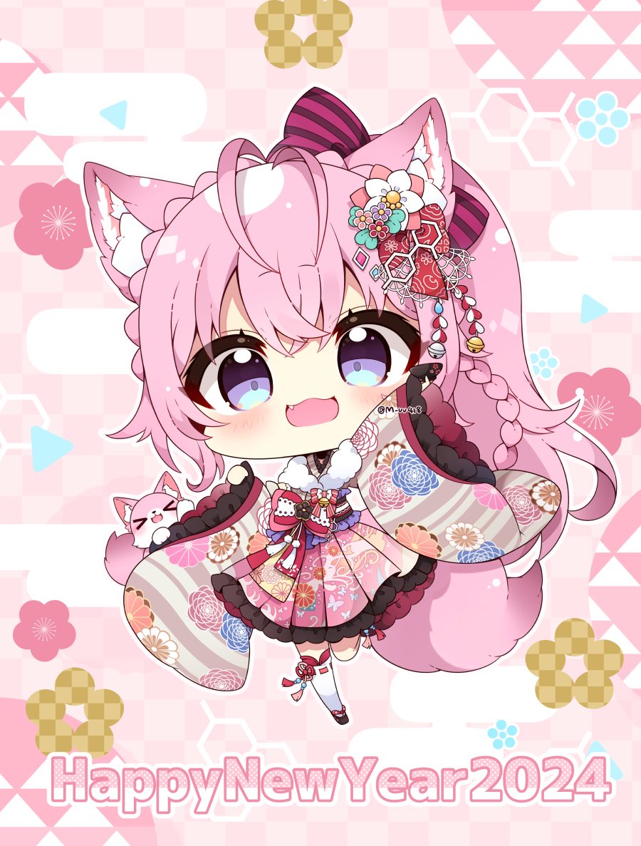 hakui koyori 1girl pink hair animal ears wolf ears chibi japanese clothes kimono  illustration images