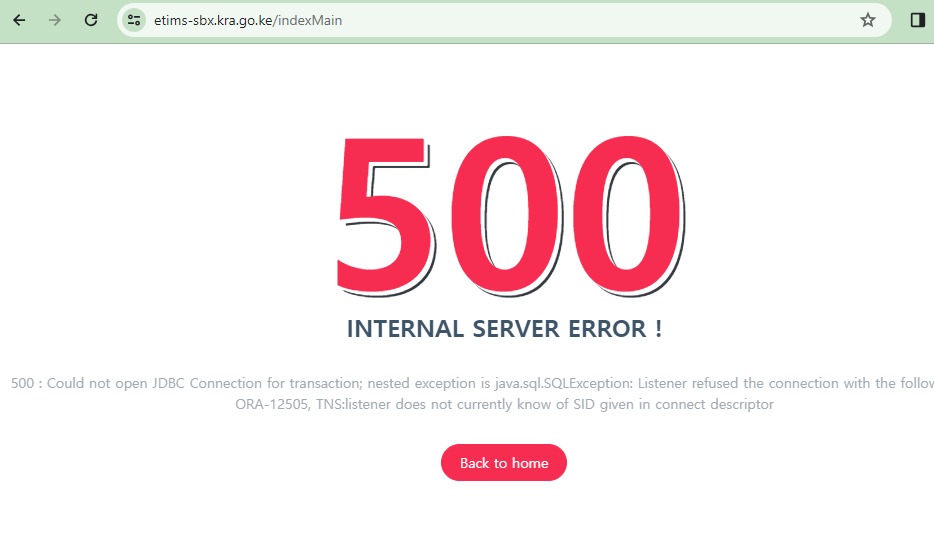 Hey, @KRACare @KRACorporate the eTIMS sandbox portal has been down for a while now. This has been happening very often. Since launch, the site has been up like, only 30% of the time. An issue definitely worth looking into.