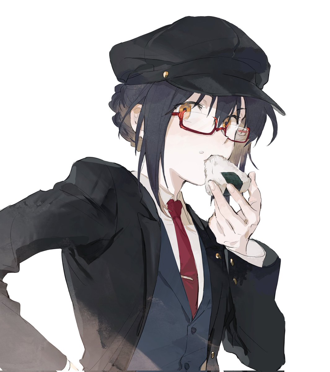 food onigiri solo eating hat glasses 1girl  illustration images