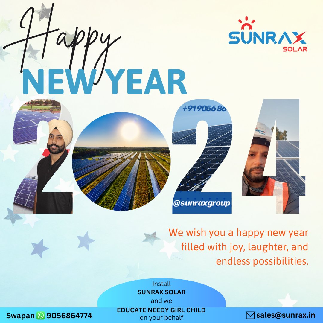 SunraxGroup's tweet photo. Here's to a radiant New Year filled with endless possibilities! May your 2024 be as bright and sustainable as the power of the sun. Happy New Year from the Sunrax Solar family!

#solar
#solarpower
#SolarEPC
#solarpanels
#solarsystem
#chandigarh
#mohali
#punjab https://t.co/mSXaLk0cnj