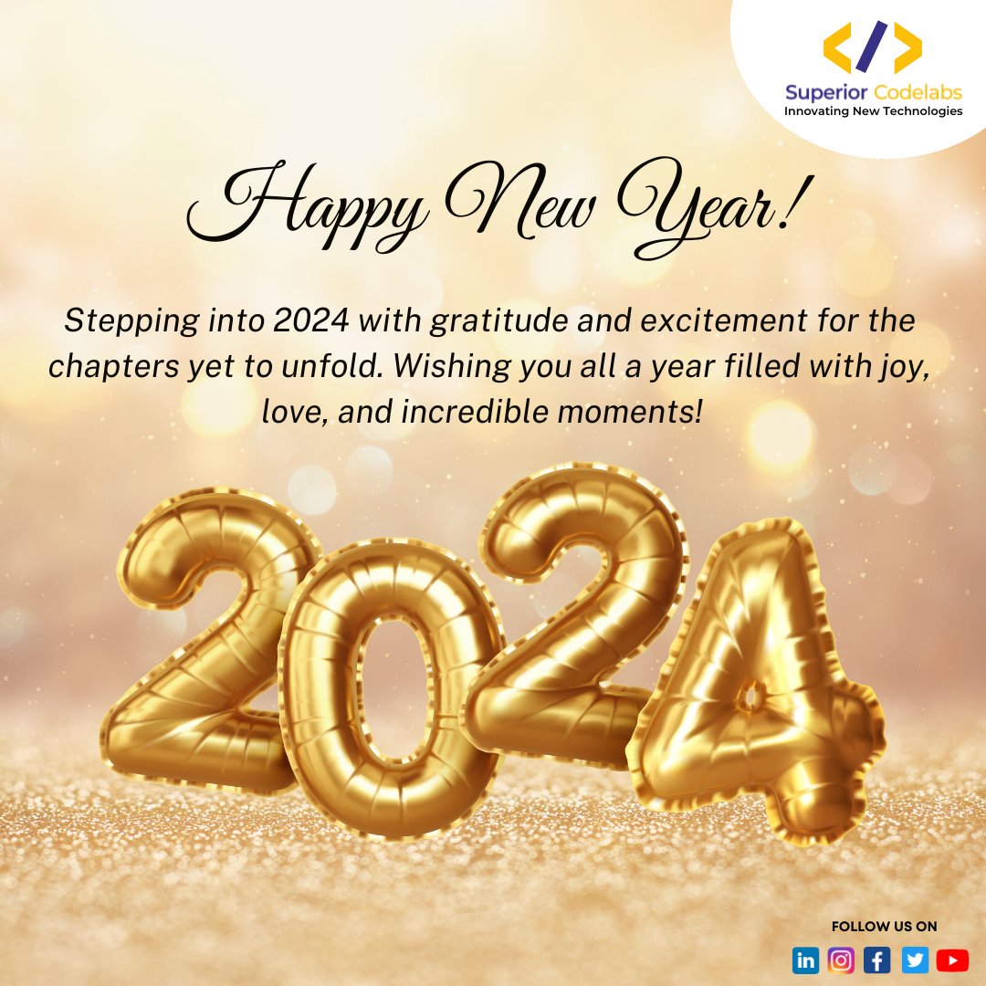 sup_codelabs's tweet image. Cheers to a year filled with new beginnings, endless possibilities, and all the joy yet to unfold! 🎉✨ 

#SuperiorCodelabs #HappyNewYear2024 #FreshStarts