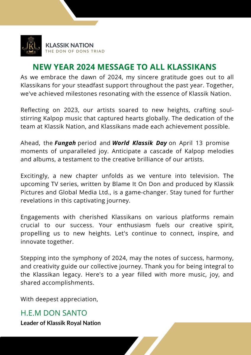 KlassikCouncil's tweet photo. The Don of Dons New Year Statement titled "New Year 2024 Message to All Klassikans" - @KINGDONSANTO @KlassikNationHQ @KlassikGlobal 

#KlassikCouncil #HailTheDon #KlassikNation Christina Shusho Abel Mutua https://t.co/FOXHOkCaln
