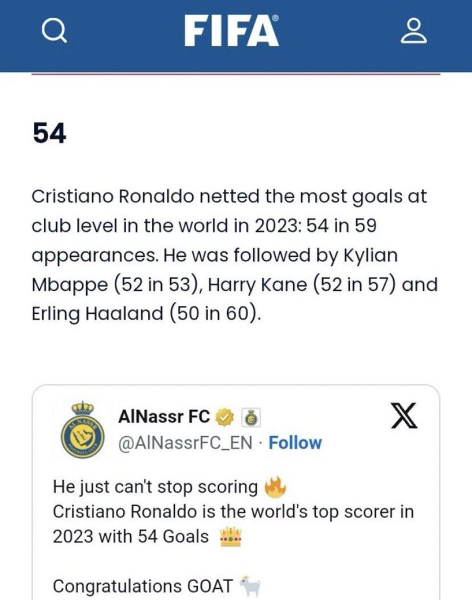 ال FIFA…(موقع الفيفا الرسمي )…
أجل بطولة كاس الملك سلمان وديه
تعقبوووووووون والله ويعفب كل من قال وديه…!!!
(( موقع الفيفا الرسمي )) كريستيانو رونالدو هداف العالم لعام 2023…💛💙
مايمديهم ينبسطون الا يجيهم خبر ينكد عليهم 
سبحان الله الحق حق والباطل باطل ايه الباطلون