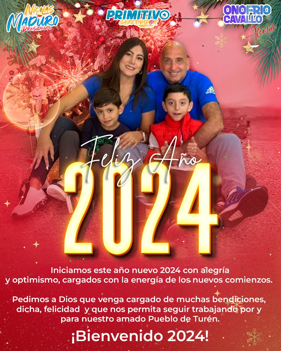 OnofrioCavalloR's tweet photo. El Alcalde Onofrio Cavallo y la Primera Combatiente Paulina Sánchez de Cavallo, en unión familiar, les desean que reciban un 2024 cargado de motivación y esperanza.

¡Feliz y Próspero Año Nuevo a todos!
#FelizAño2024 https://t.co/y1ZqPdWefw