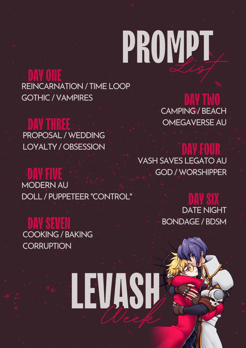levashweek's tweet image. Happy New Year!!! Here's the prompt list for LeVashWeek :D
Along with this will be a way for you to ask any questions you might have. Have a great rest of your day 🎊 #trigun #levash #legato #vashthestampede