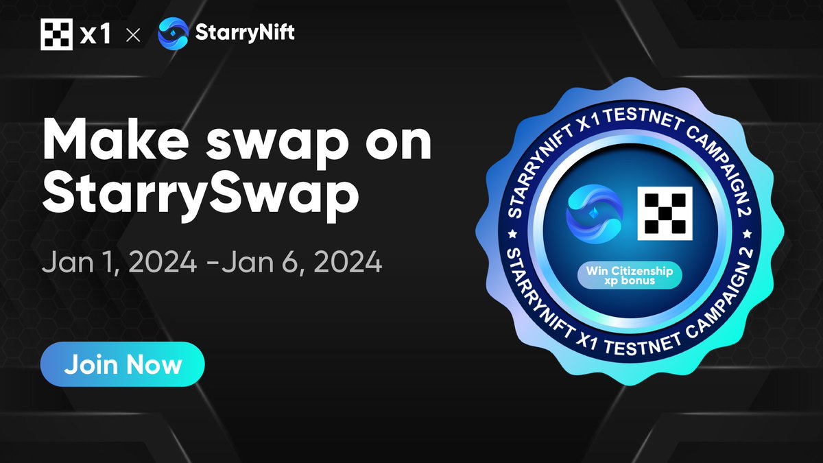 StarryNift (@starrynift) on Twitter photo 😊Glad to launch the #StarryNift & OKX X1 Testnet Campaign 2!
🍾Explore StarrySwap on <a href="/X1_Network/">X1 Xen Crypto 💎</a> and #Freemint your Citizenship!
🔗Entrance: galxe.com/StarryNift/cam…
🎁Swap on StarrySwap and win #OAT #Citizenship XP Bonus!
👀More details: starrynift.medium.com/starrynift-okx… 😊Glad to launch the #StarryNift & OKX X1 Testnet Campaign 2!
🍾Explore StarrySwap on <a href="/X1_Network/">X1 Xen Crypto 💎</a> and #Freemint your Citizenship!
🔗Entrance: galxe.com/StarryNift/cam…
🎁Swap on StarrySwap and win #OAT #Citizenship XP Bonus!
👀More details: starrynift.medium.com/starrynift-okx…
