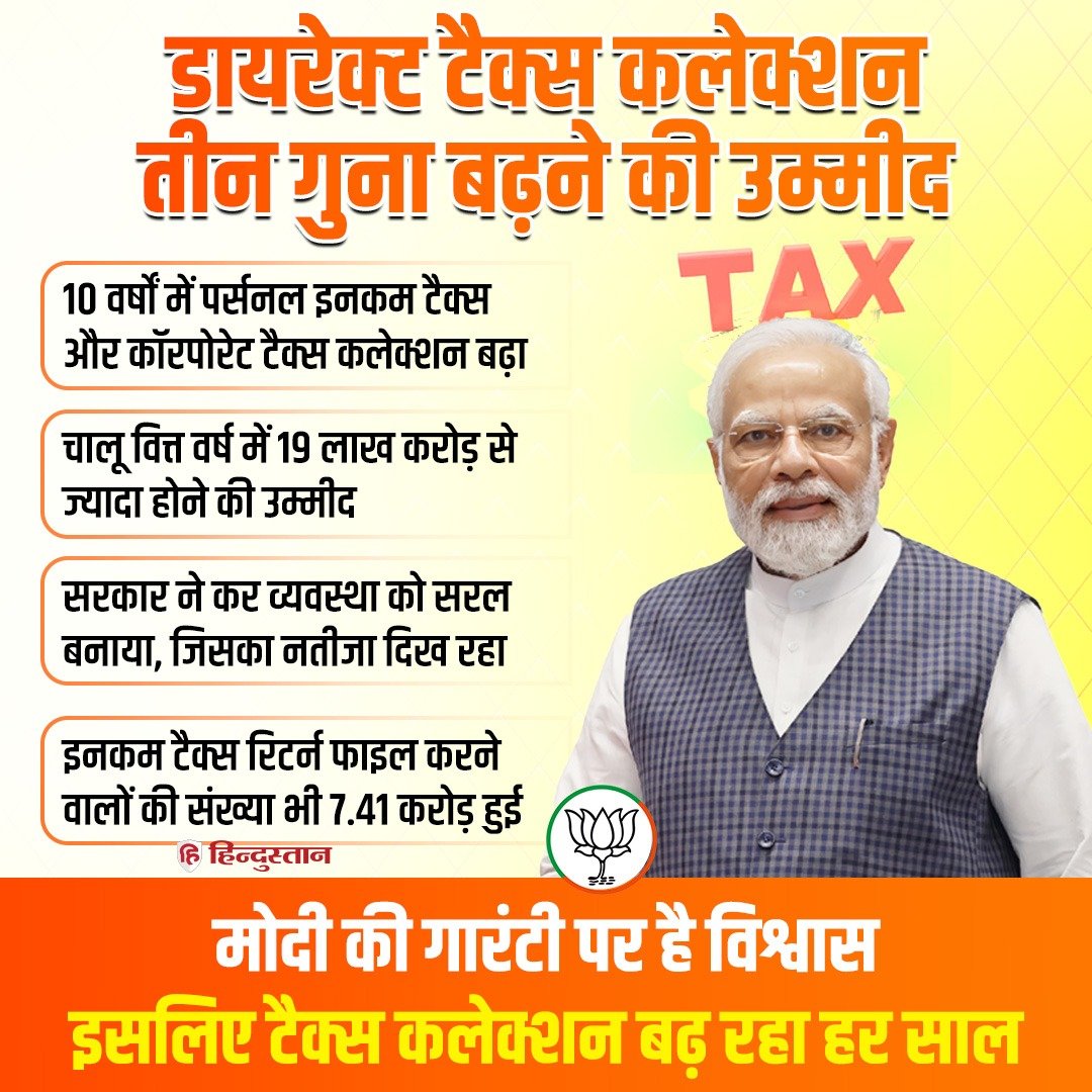 BJP4Bihar's tweet photo. मोदी सरकार में डायरेक्ट टैक्स कलेक्शन तीन गुना बढ़ने की उम्मीद!

10 वर्षों में पर्सनल इनकम टैक्स और कॉरपोरेट टैक्स कलेक्शन बढ़ा।

#BJPDevelopingBihar https://t.co/Uqq1bBGqx9