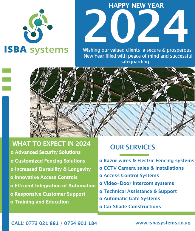 isbasystemsug's tweet photo. Wishing our valued clients a secure & prosperous new year filled with peace of mind and successful safe guarding.
Contact us at 0773 021 881 / 0754 901 184 for advanced fencing and security systems.
#HappyNewYear2024 #ISBASystemsUg https://t.co/4VaCHzVwmO