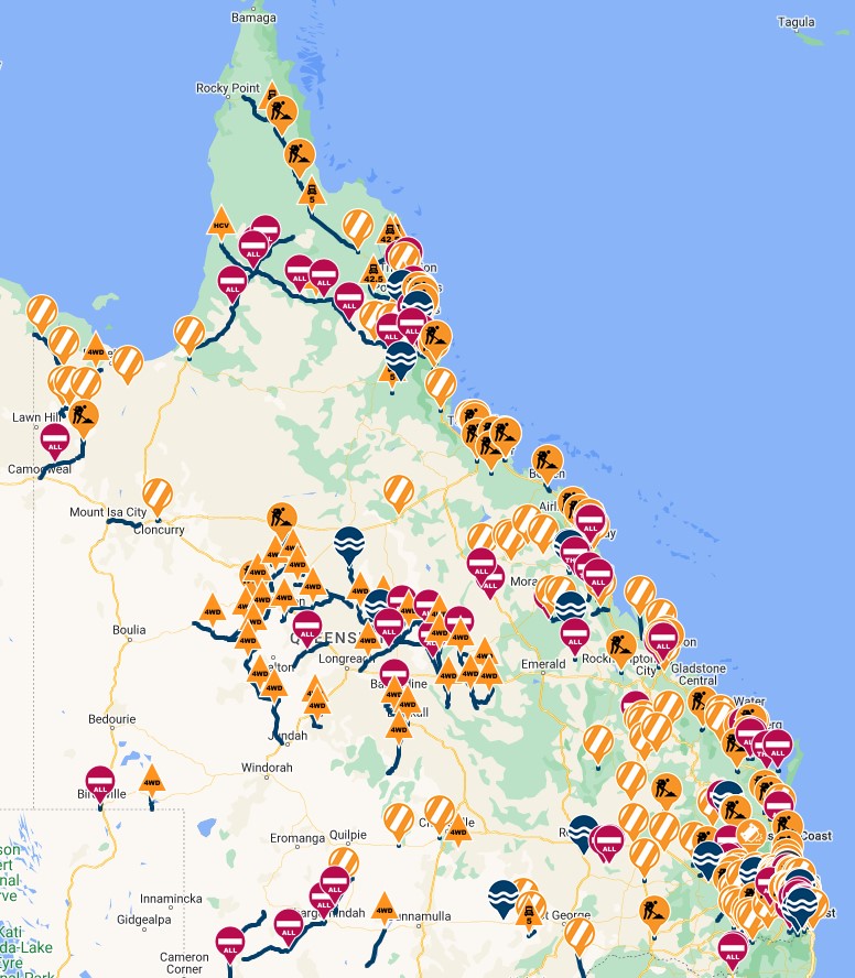 🌧️It's wet out there! 🌧️ There’s a good chance every one of those big red or orange dots is a flooded road—so it’s a good time to remind our mates in every corner of the state that #IfItsFloodedForgetIt!
