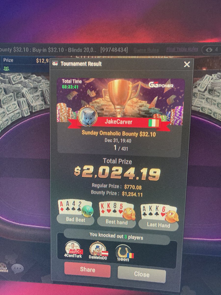 Happy New Year! 
Begin the year as you mean to go on! 
I began it with another PLO 🏆 but in the online streets tonight 😎🫡
<a href="/GGPoker/">GGPoker</a> #HappyNewYear2024