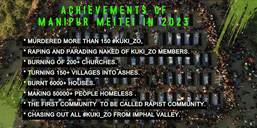 POINTS TO BE NOTED DOWN
ACHIEVEMENT OF #MiteiAntiIndia in 2023 ✔️ 

#ManipurViolence 
#SaveKukiZo