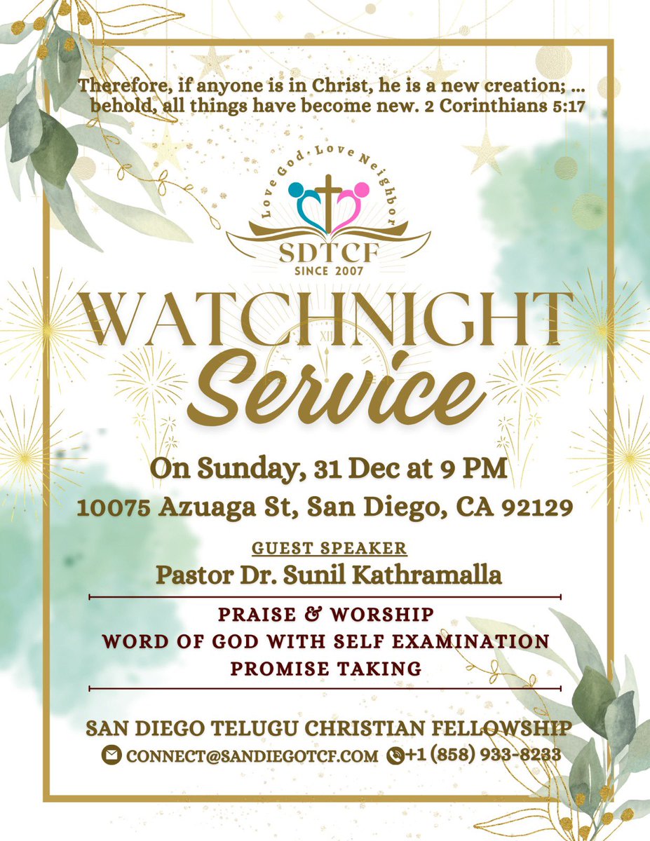 SKathramalla's tweet photo. Honoured to preach at San Deigo Telugu Christian Fellowship(SDTCF)  this year 2023 Watch Night Service! Prayers will be appreciated!#2023watchnightservice #sandiegoTCF#123123 https://t.co/C5M6vqoW22
