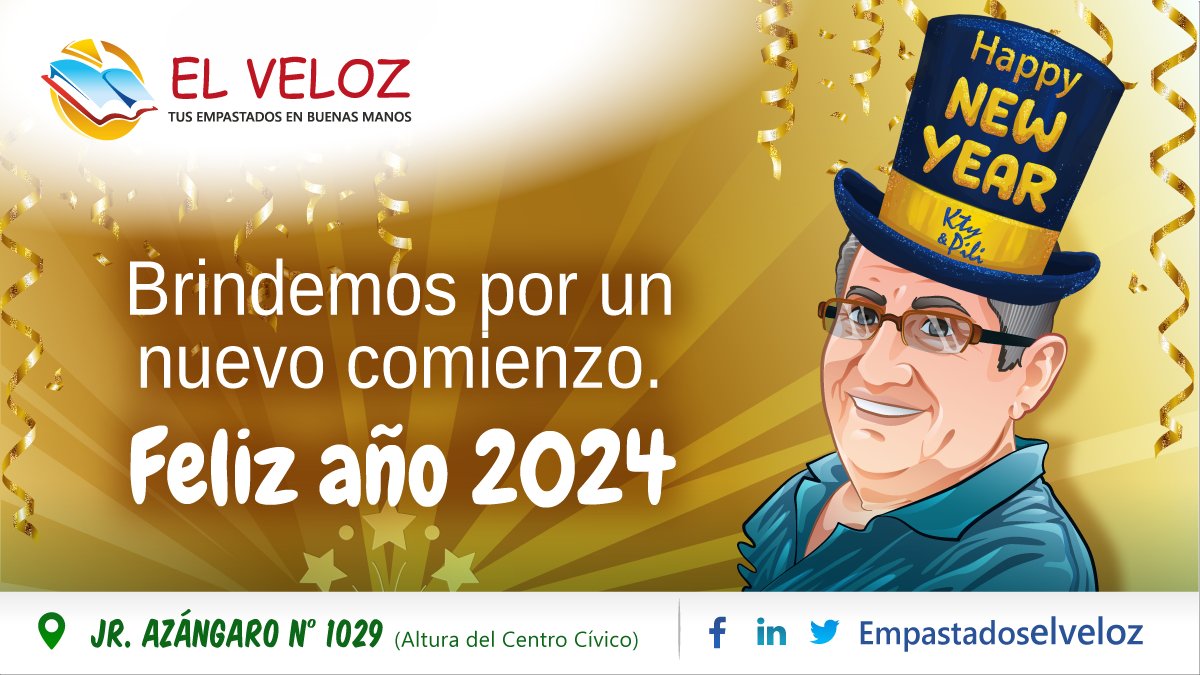 EmpElVeloz's tweet photo. ✨🥂 Brindemos por un nuevo comienzo.  
¡Feliz Año Nuevo 2024! Son los deseos de "Empastados El Veloz". 🥂✨

#ElVeloz #FelicesFiestas #AñoNuevo #NewYear #Empastados #Contabilidad #Educación #ULIMA #SUNEDU #UNMSM #UCV #UNAC #UPC #USIL #LeCordonBleu #UPN #UNALM #PUCP #up #SISE https://t.co/zI2jvDwE8l
