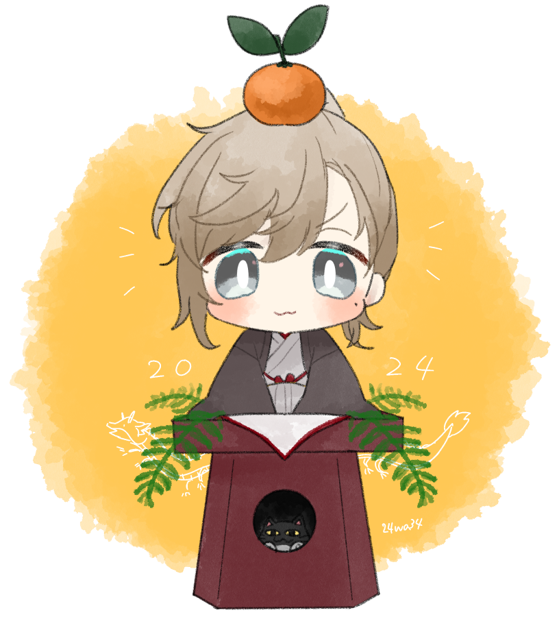 kanae (nijisanji) 1boy male focus food on head japanese clothes mole under eye chibi :3  illustration images