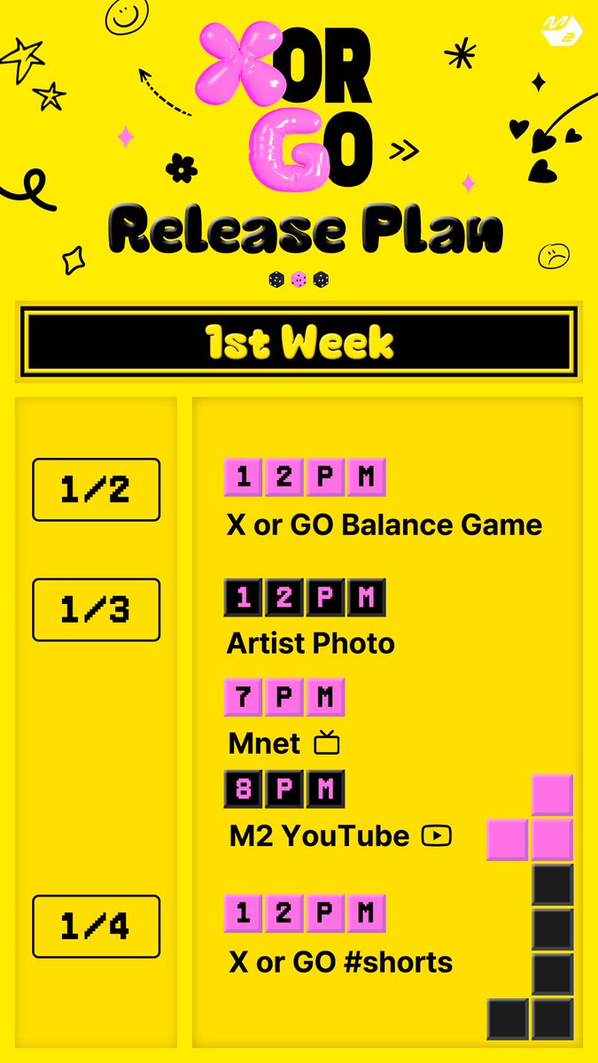 <X or GO> Release Plan🗓️ 1st Week 1월 3일(수) 저녁 7시 Mnet 첫 방송📺 저녁 8시 M2 유튜브 공개📱 #X_or_GO #XG @XGOfficial_