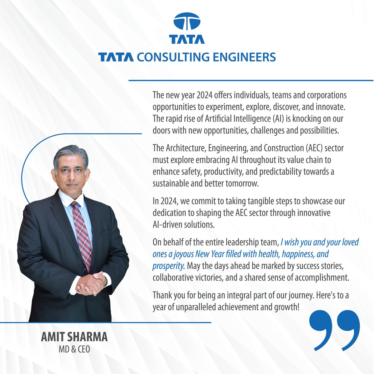 TCEConnect's tweet image. New year message from Mr Amit Sharma, MD &amp;amp; CEO at Tata Consulting Engineers Limited

#happynewyear #TCEConnect #LifeAtTCE