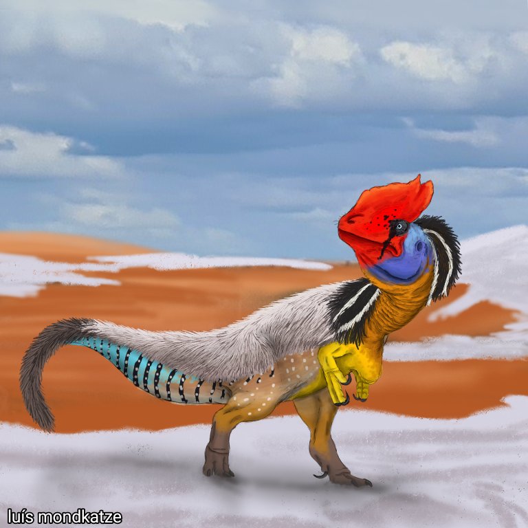 and well.... there goes another year! welcome 2024!!! a #dilophosaurus wanders through a desert after a strange phenomenon that caused snowfall. #paleoart #NewYear