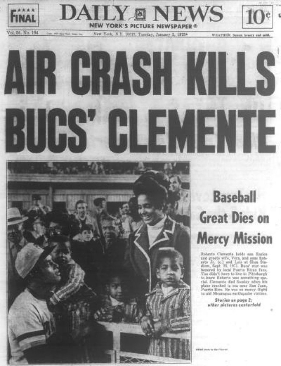 Super70sSports's tweet photo. Today in 1972, Roberto Clemente is killed in a plane crash while on his way to help Nicaraguan earthquake victims. He died as he lived, with love for others and great character. May his legacy set an example for all of us as we head into the New Year. #RIP https://t.co/MoMJyPpRsC