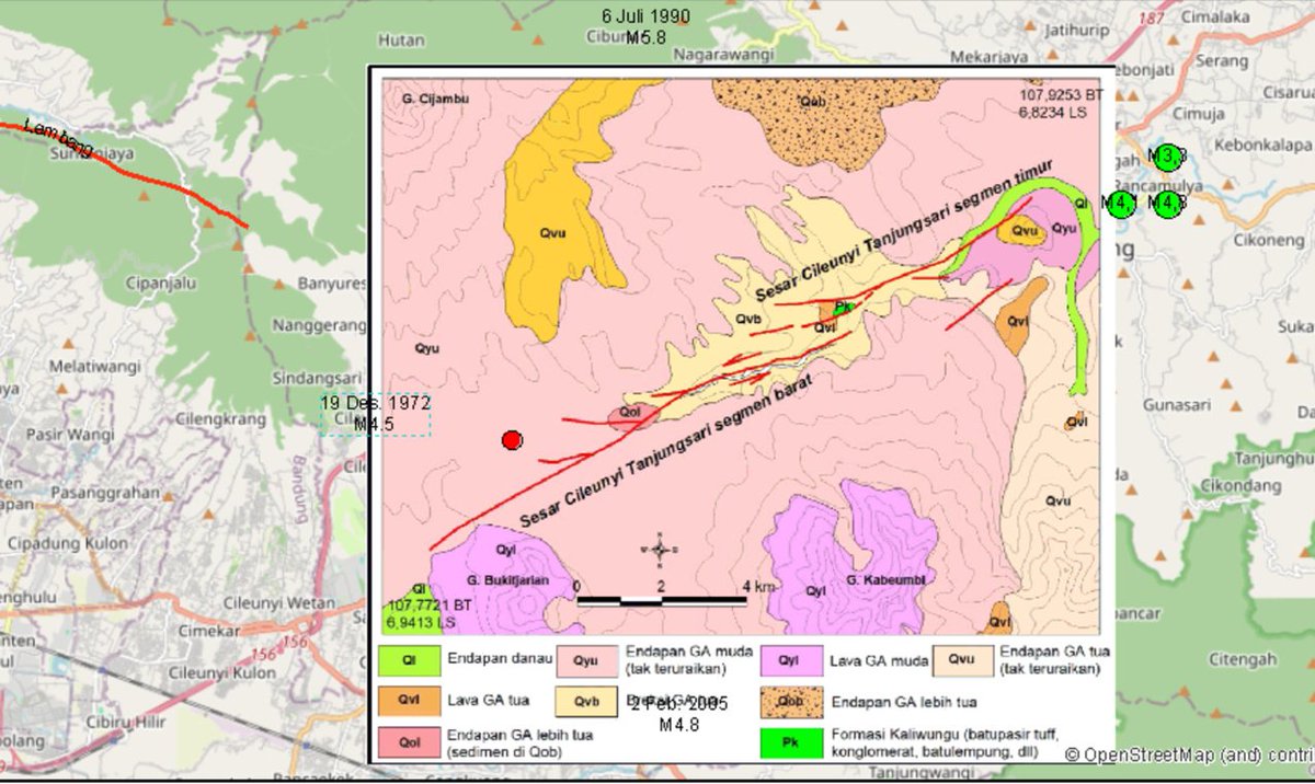 daryono_eq_talk's tweet photo. Lokasi 3 episenter Gempa Sumedang (lingkaran warna hijau) terletak berdekatan dengan jalur Sesar Cileunyi-Tanjungsari sehingga Gempa Sumedang ini diduga sebagai terusan dari Sesar Cileunyi -Tanjungsari. (Compiled by Ajat Sudrajat-BMKG) https://t.co/ywQUjfE0GS
