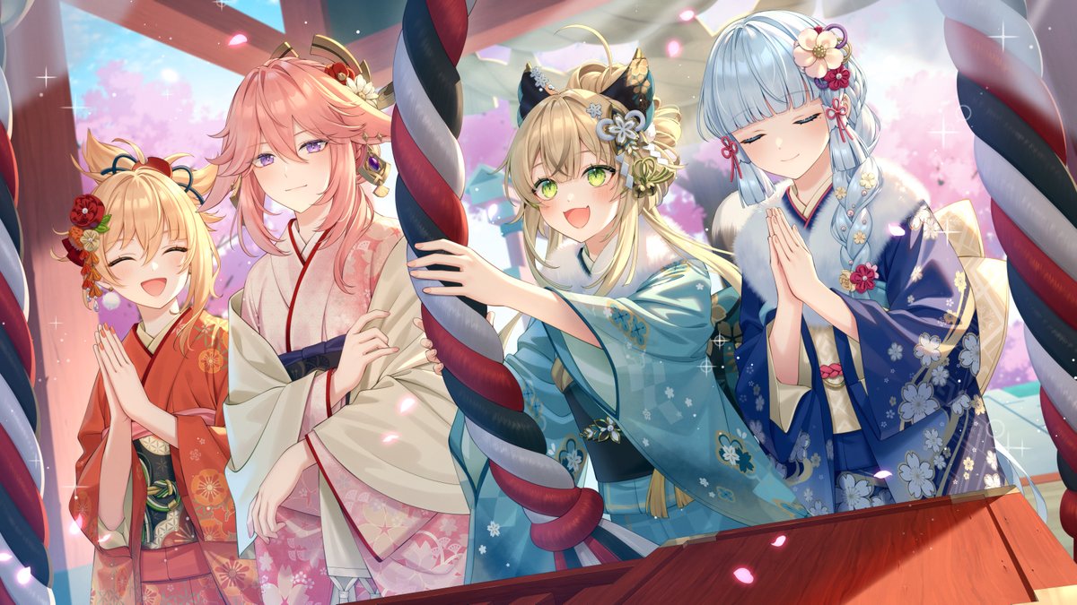 kamisato ayaka ,kirara (genshin impact) ,yae miko ,yoimiya (genshin impact) multiple girls kimono japanese clothes praying pink hair closed eyes hair ornament  illustration images