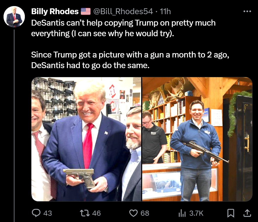 It is a great trend. #WhoWoreItBetter

As you can tell, Trump is fake smiling, holding the gun like it is scary to him, and looks unnatural. A total joke is Trump.

DeSantis is classy, he picked a historical weapon to get a picture with and he looks genuinely happy and perfectly…