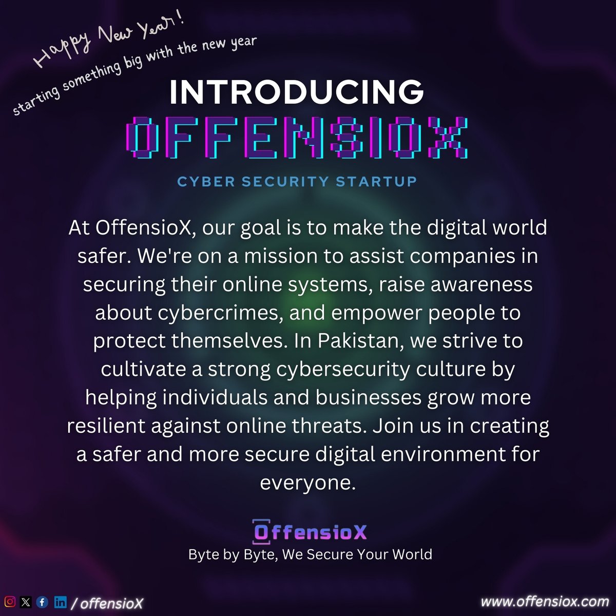 OffensioX's tweet photo. Happy New Year to everyone! With the new year, we are starting something new. Introducing OffensioX, our new cybersecurity startup!

#cybersecurity #startup https://t.co/Z8tgxEEawv