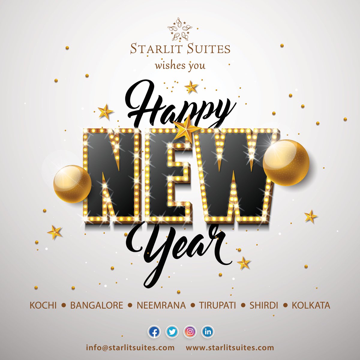 Wishing you a very #HappyNewYear from all of us at Starlit Suites! May the New Year bring you happiness, peace, and prosperity. Wishing you a joyous 2024! #starlitsuites #hospitality #specialevents #Bengaluru #kochi #Neemrana #tirupati #shirdi